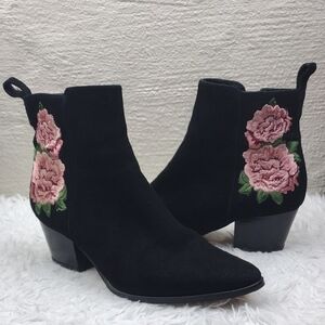 Maiden Lane Black Suede Leather Rose Embroidered Point Toe Block Heel Ankle Boot